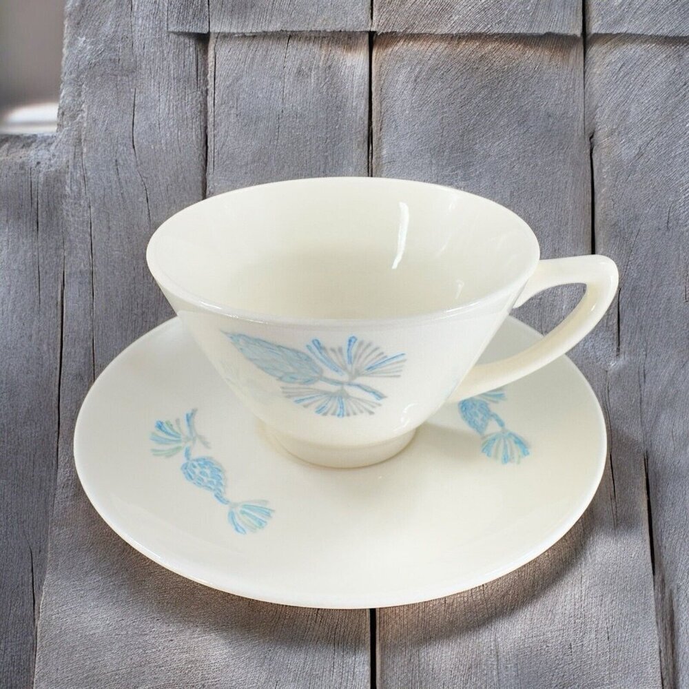 Mid Century Marcrest Blue‎ Spruce Blue Pinecone Coffee Cup and Saucer Porcelain